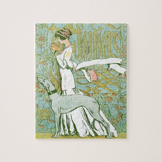 Puzzle Greyhound de Art Nouveau y Lady con flores (Vertical)