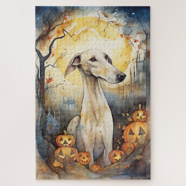 Puzzle Greyhound de Halloween con calabazas asustadas (Vertical)