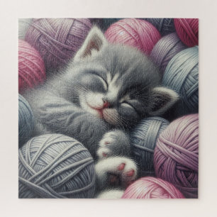 Puzzle Gris y gatitos blancos aplastando en yarn