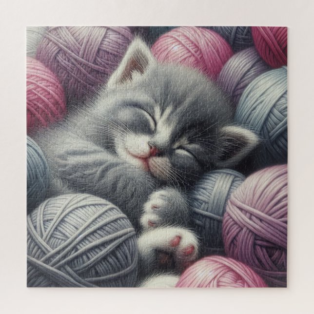 Puzzle Gris y gatitos blancos aplastando en yarn (Vertical)