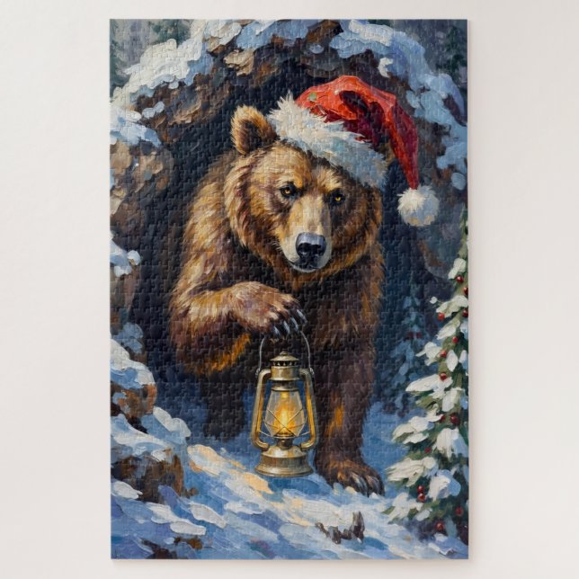 Puzzle Grizzly Bear Emerging from Christmas Slumber Hat (Vertical)
