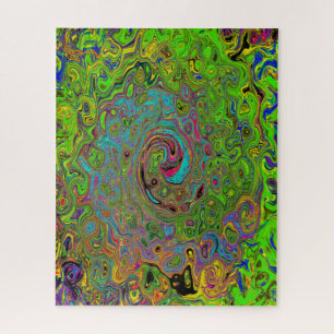 Puzzle Groovy Abstracto Retro Remolino Verde Lima y Azul