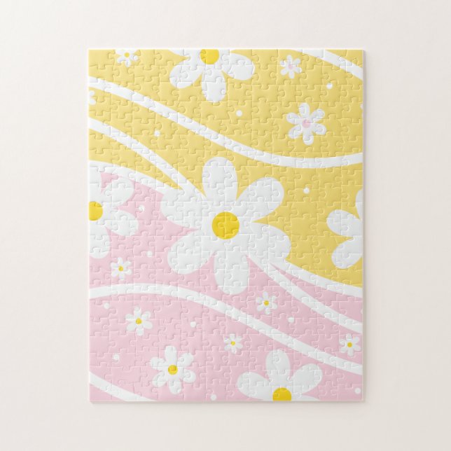 Puzzle Groovy amarillo rosa Retro Sunshine Daisy Floral d (Vertical)