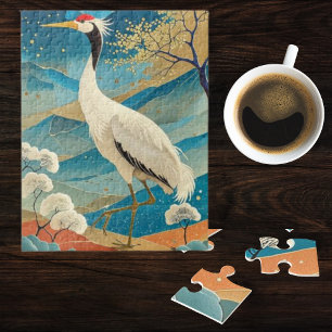 Puzzle Grulla ave con montañas y árboles de otoño Japones
