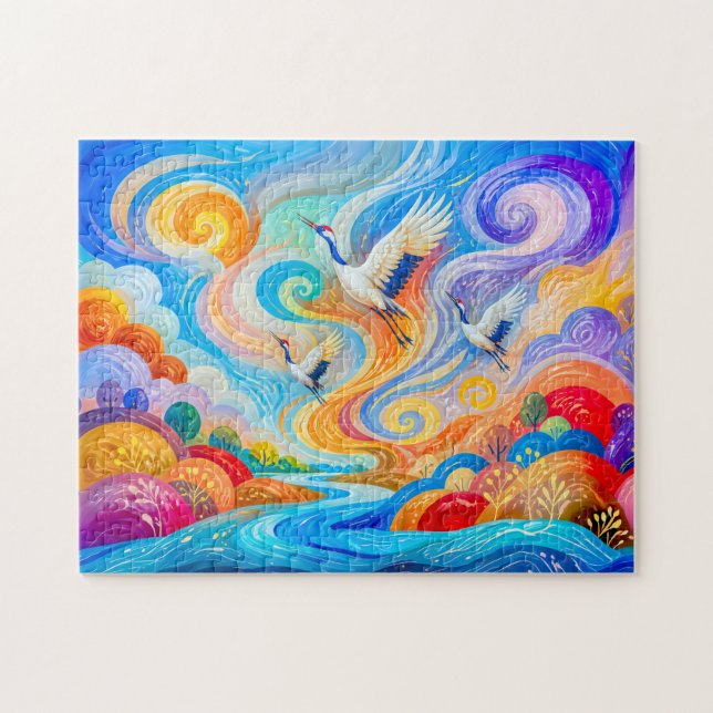 Puzzle Grullas elevándose con el viento y la corriente té (Horizontal)