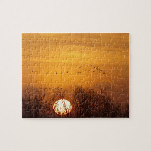 Puzzle Grullas siluetadas contra el sol naciente