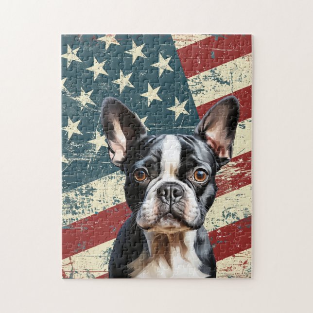 Puzzle Grunge American Flag Boston Terrier Dog (Vertical)