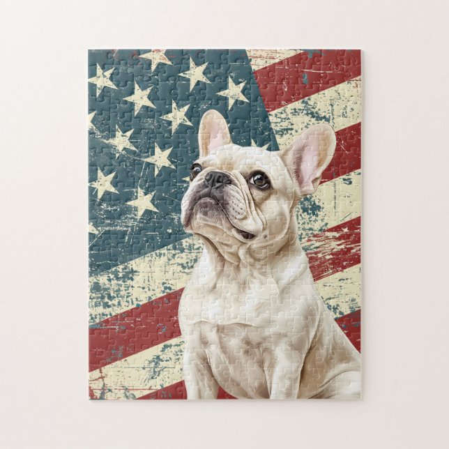 Puzzle Grunge American Flag White French Bulldog (Vertical)