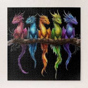 Puzzle Grupo de arcoíris de dragones bebés sobre negro