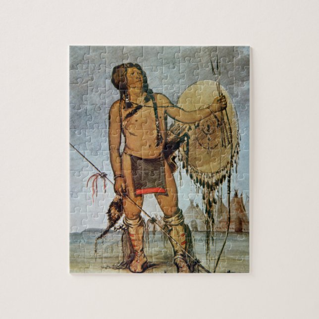 Puzzle Guerrero del Comanche con un escudo, una lanza y (Vertical)
