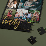 Puzzle Guión de la familia de collages de fotos múltiples<br><div class="desc">Elegante guión moderno de caligrafía escrita a mano por la familia con seis fotos personalizados de la plantilla de rompecabezas de mango de oro negro.             Tenga en cuenta que el color de fondo puede cambiar. Puede reemplazar el negro por cualquier otro color después de seleccionar la opción PERSONALIZAR.</div>