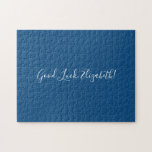 Puzzle Guión de nombre personalizado de buena suerte en F<br><div class="desc">El rompecabezas de rompecabezas azul sólido presenta "Good Luck,  [NAME]" en un tipo de letra de guión blanco en el centro. Personaliza el texto gracioso en la barra lateral. Hace un gran regalo personalizado para alguien que ama un desafío difícil. Copyright ©Claire E. Skinner. Todos Los Derechos Reservados.</div>