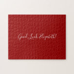 Puzzle Guión de nombre personalizado de buena suerte en r<br><div class="desc">El rompecabezas de rompecabezas rojo sólido presenta "Good Luck,  [NAME]" en un tipo de letra de guión blanco en el centro. Personaliza el texto gracioso en la barra lateral. Hace un gran regalo personalizado para alguien que ama un desafío difícil. Copyright ©Claire E. Skinner. Todos Los Derechos Reservados.</div>