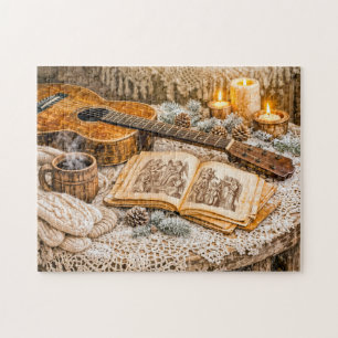Puzzle Guitarra acústica vintage con velas y invierno aco