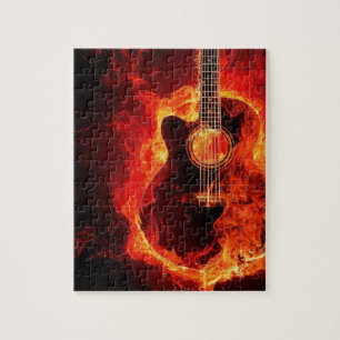 Puzzle Guitarra en llamas, banda de rock musical con llam
