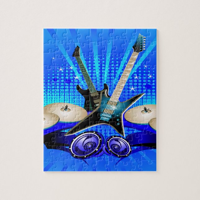 Puzzle Guitarras eléctricas, tambores y altavoces azules (Vertical)