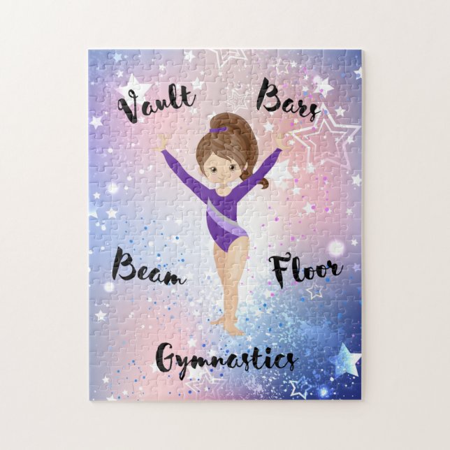 Puzzle Gym Star Brunette, Brown Eyes, Purple Leotard (Vertical)