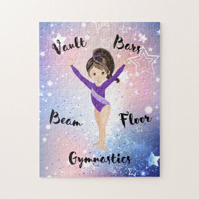 Puzzle Gym Star Brunette, Brown Eyes, Purple Leotard (Vertical)