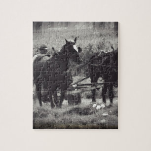 Puzzle Hacer heno con caballos en blanco y negro