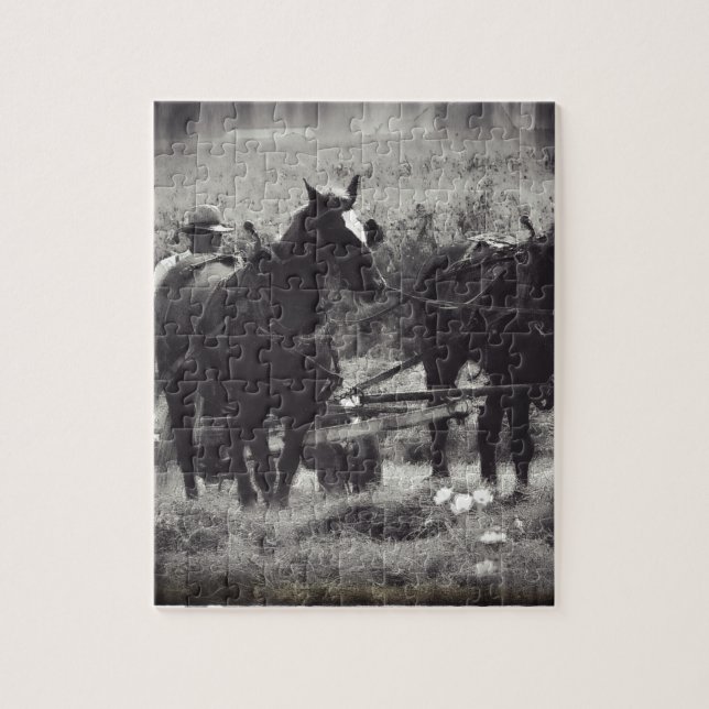 Puzzle Hacer heno con caballos en blanco y negro (Vertical)