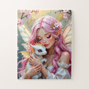 Puzzle Hada de pelo rosa y dragón bebé blanco