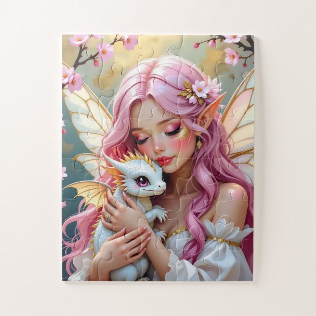 Puzzle Hada de pelo rosa y dragón bebé blanco   (Vertical)