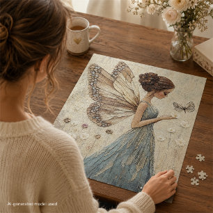 Puzzle Hada elegante y mosaico de mariposa fantasía en az
