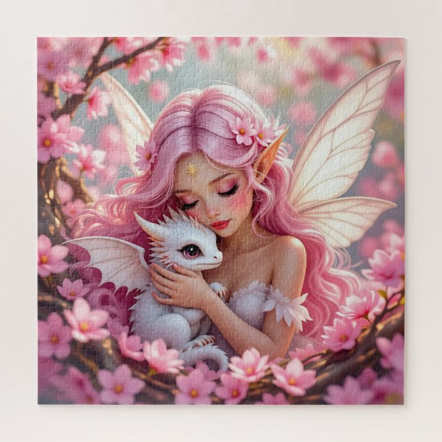 Puzzle Hada Elfa Rosa Bonita & Dragón (Vertical)