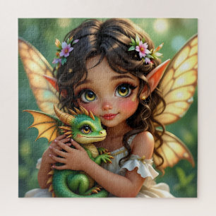Puzzle Hada élfica de ojos marrones y dragón 