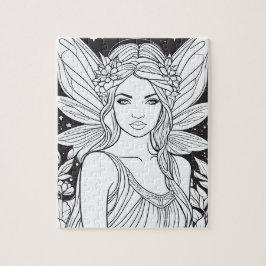 Puzzle Hada Linda en el Bosque para Colorear en Blanco y 