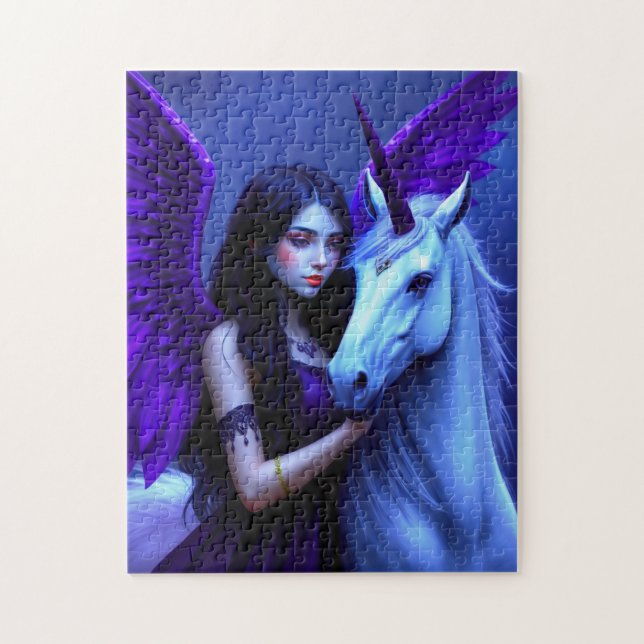Puzzle Hada mágica con unicornio con morado y azul (Vertical)