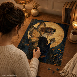 Puzzle Hada Mágica Nocturna con Flores Bajo Luna Dorada
