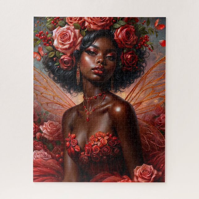 Puzzle Hada Rosa de Piel Oscura en Rojo (Vertical)
