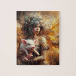 Puzzle Hada sosteniendo un cerdo joven