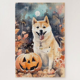 Puzzle Halloween Akita con calabazas aterradoras