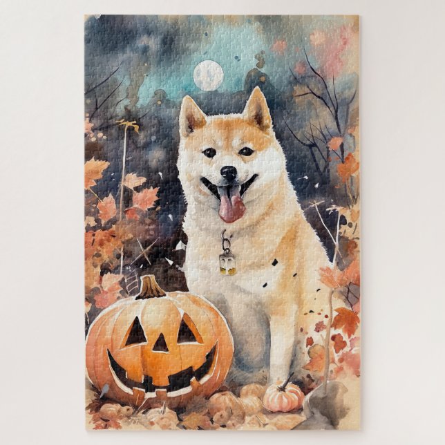 Puzzle Halloween Akita con calabazas aterradoras (Vertical)