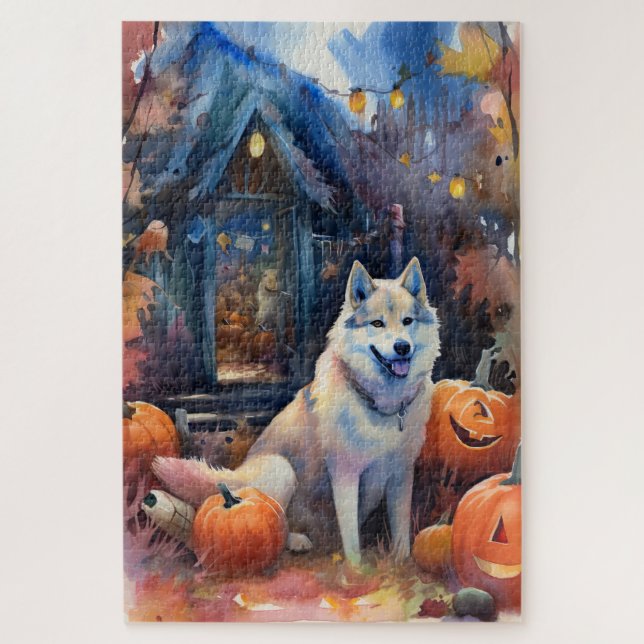 Puzzle Halloween Alaskan Malamute con calabazas aterrador (Vertical)