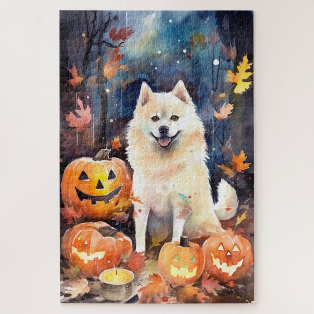 Puzzle Halloween American Akita con calabazas aterradoras (Vertical)