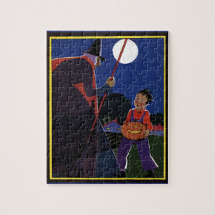 Puzzle Halloween antiguo, Bruja espeluznante con niño 