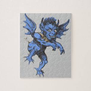 Puzzle Halloween antiguo, demonio gárgola maligno aterrad