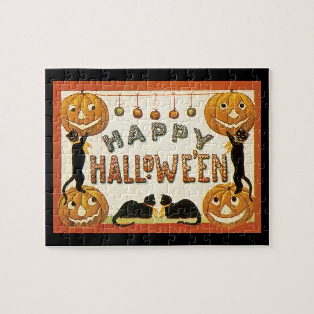 Puzzle Halloween antiguo, gatos negros con Jackolanterns (Horizontal)