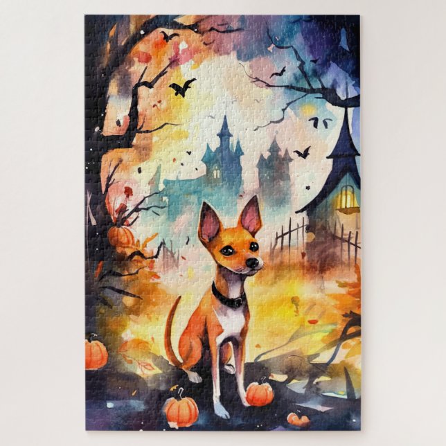 Puzzle Halloween Basenji con calabazas temerosas (Vertical)