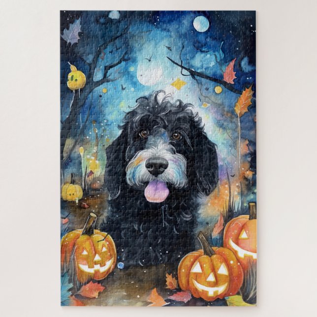 Puzzle Halloween Bernedoodle Con Calabazas Asustadas (Vertical)