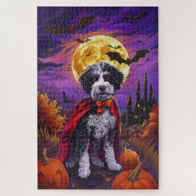 Puzzle Halloween Bernedoodle Perro Calabazas Espeluznante (Vertical)