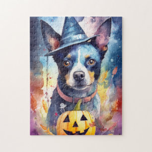 Puzzle Halloween Blue Heeler con calabazas aterradoras