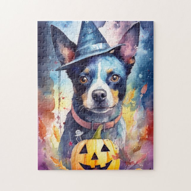 Puzzle Halloween Blue Heeler con calabazas aterradoras (Vertical)