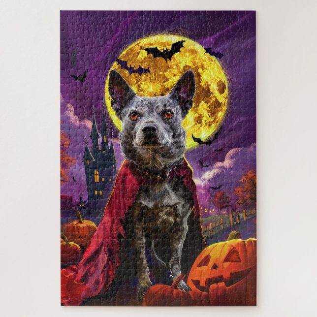 Puzzle Halloween Blue Heeler Dog Pumpkins Scary (Vertical)