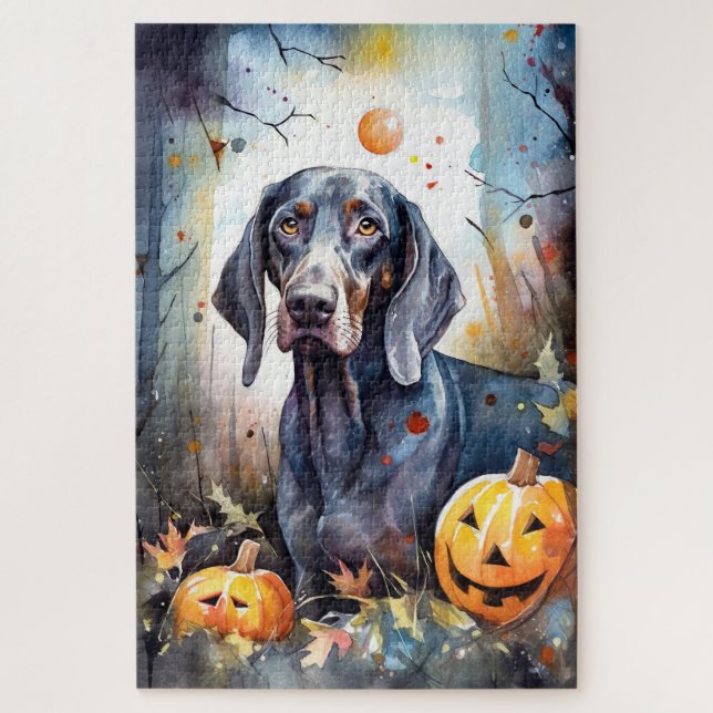 Puzzle Halloween Bluetick Coonhound With Pumpkins Scary (Vertical)
