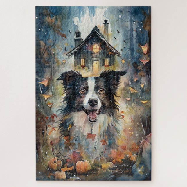 Puzzle Halloween Border Collie con calabazas aterrador (Vertical)