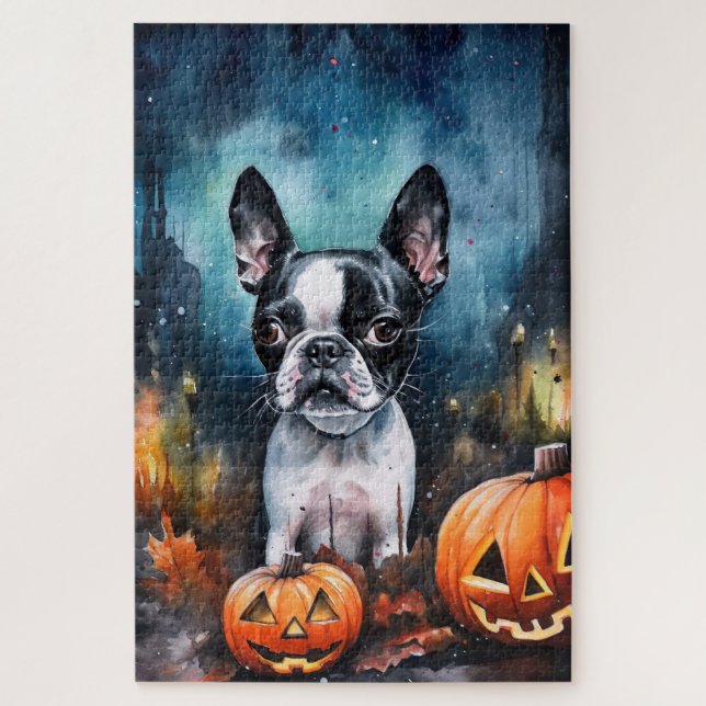 Puzzle Halloween Boston Terrier con calabazas aterradoras (Vertical)